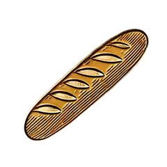 A detailed enamel pin featuring a French baguette. The baguette is depicted, golden-brown crust and classic elongated shape, with a few slashes on the top, capturing the traditional French bread, PNG
