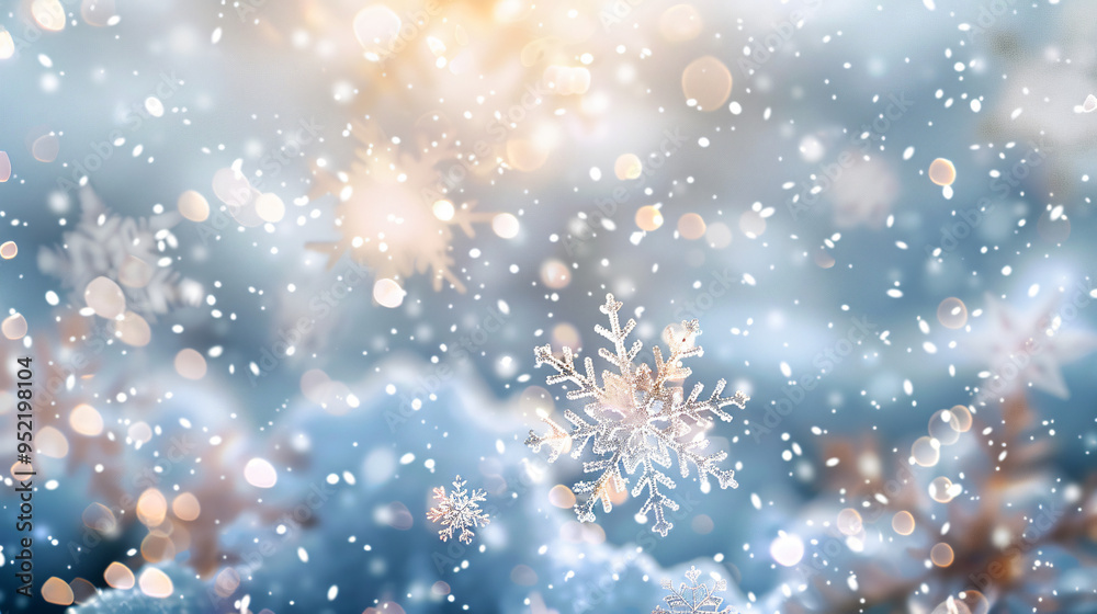 Fototapete snowflakes falling on a snowy backdrop with golden bokeh lights, creating a magical winter scene