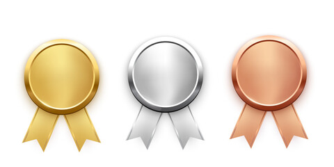 Medals for first, second, third place with ribbons. Gold, silver and bronze ranks on white background. Award nomination. Championship in sport or movie vector illustration.