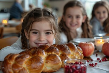 Jewish Child eating Rosh Hashanah challah bread on a plain minimalist background, a family around a table with apples, honey, and pomegranates, smiling and celebrating Rosh Hashanah