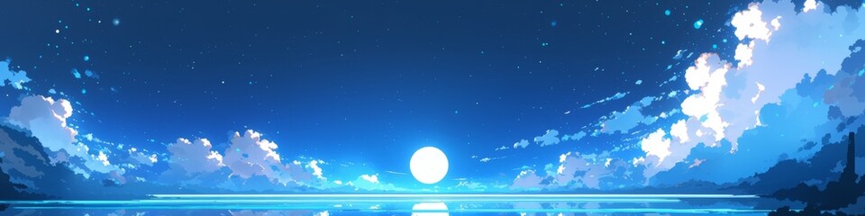 Fototapeta premium Enchanting Mid-Autumn Festival: Dreamy Blue Moonlit Night in Anime Style. AI-Generated 2025 Illustration for Cultural Marketing, UI, and Game Design. Minimalist Composition with Elegant Gradients and 