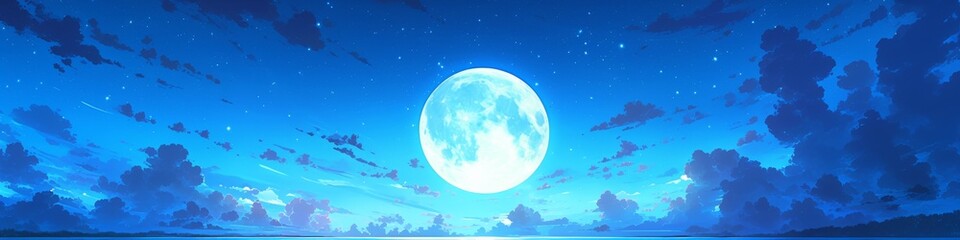 Fototapeta premium Enchanting Mid-Autumn Festival: Dreamy Blue Moonlit Night in Anime Style. AI-Generated 2025 Illustration for Cultural Marketing, UI, and Game Design. Minimalist Composition with Elegant Gradients and 