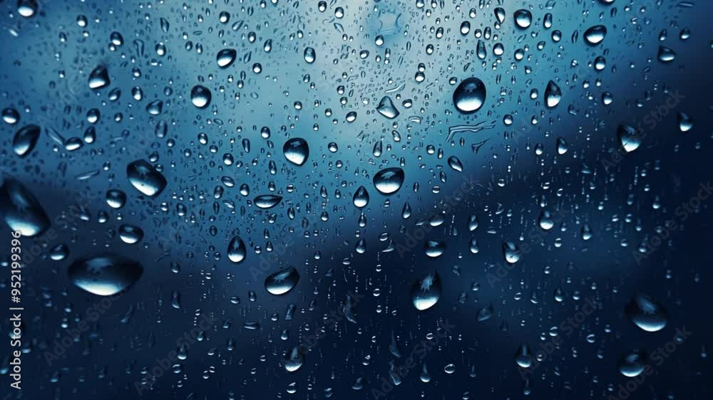 Poster The image is of a window with raindrops on it. The drops are small and scattered, creating a sense of movement and fluidity. Scene is calm and peaceful, as the raindrops seem to be falling gently