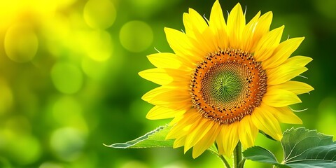 Obraz premium A detailed macro shot of a blooming sunflower with bright yellow petals and a textured center, set against a soft, blurred green background, capturing the intricate details 