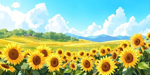 Obraz premium A sunny field of sunflowers under a clear sky, radiating warmth and positivity in your designs.