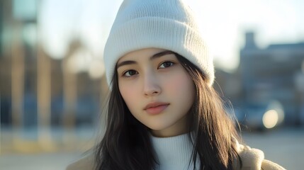 白いニット帽をかぶった日本人女性