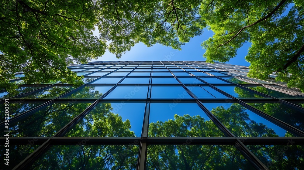 Aufkleber ecofriendly building in the modern city sustainable glass office building with tree for reducing hea