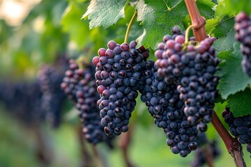 Clusters of Pinot Noir grapes hang on the vine in an Oregon vineyard to one side with soft blurred background. generative ai