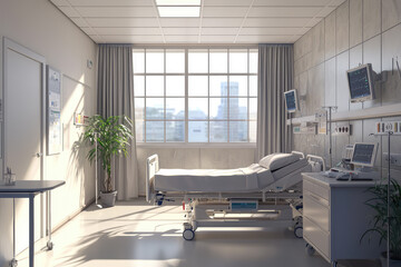 A sterile, sunlit hospital room with an empty bed, hinting at hope and recovery, but with an underlying sense of anticipation.