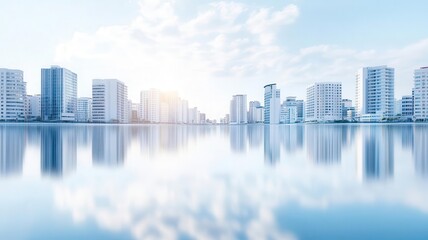 Highrise apartment buildings reflecting in a calm river, urban real estate, city trends