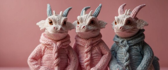 three small knitted dragons on a pink background.