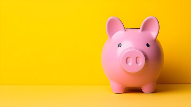 A cute pink piggy bank against a vibrant yellow background, symbolizing saving, finance, and budgeting concepts.