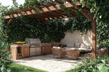 A Luxurious Outdoor Kitchen:  Imagine grilling under a wooden pergola, surrounded by lush greenery, with stylish furniture beckoning relaxation.