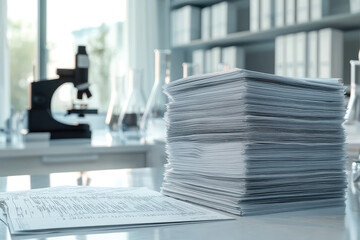 A Tower of Knowledge: A towering stack of scientific papers sits on a lab bench, ready for analysis.  The background blurs, highlighting the immense volume of research.