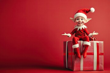 Cheerful elf sitting on a big present with a mischievous grin