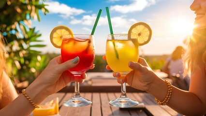 Two banks with cocktails with lemons. The refreshing drinks in the summer. cooling drinks during a summer heat.