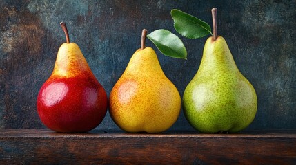 Colorful pear fruit on table with dark background