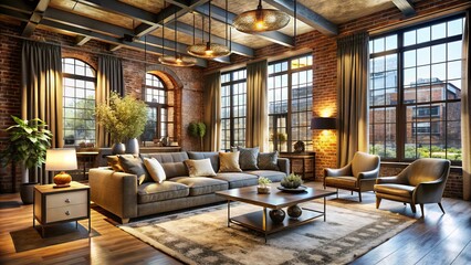 Fototapeta premium A luxurious oasis blending exposed brick, steel beams, and lavish drapery, bathed in warm golden light, exudes refined elegance and sophistication.