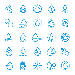 A set of water-related icons. Technical icons for water, a water logo, indication of water resistance, irrigation, rain and moisture.