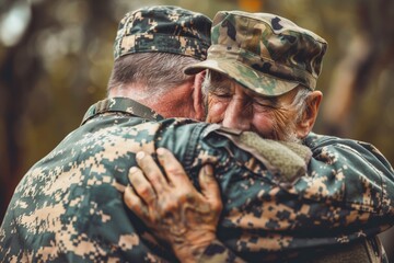 Fototapeta premium Heartfelt Veteran Embrace Symbolizing Military Bonds at Reunion, Ideal for Commemorative Print or Poster