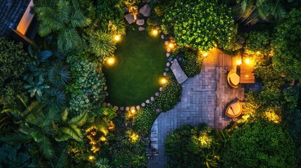 Aerial View of a Beautifully Lit Garden at Dusk