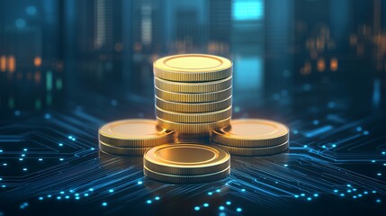 Stacked golden coins on electronic circuit background, representing digital currency, blockchain technology, and financial innovation.