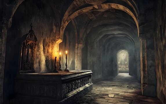 Mystical Arched Tunnel in Ancient Stone Castle or Crypt