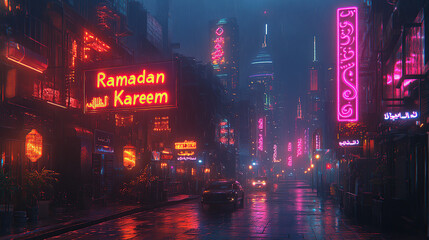 A futuristic city street with neon signs and a car driving through the rain.