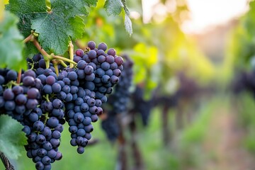 Clusters of Pinot Noir grapes hang on the vine in an Oregon vineyard to one side with soft blurred background. generative ai