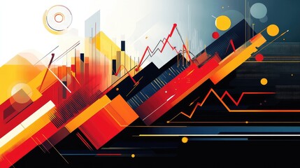 Abstract geometric design with overlapping shapes, red, yellow, and blue colors, on a dark background.