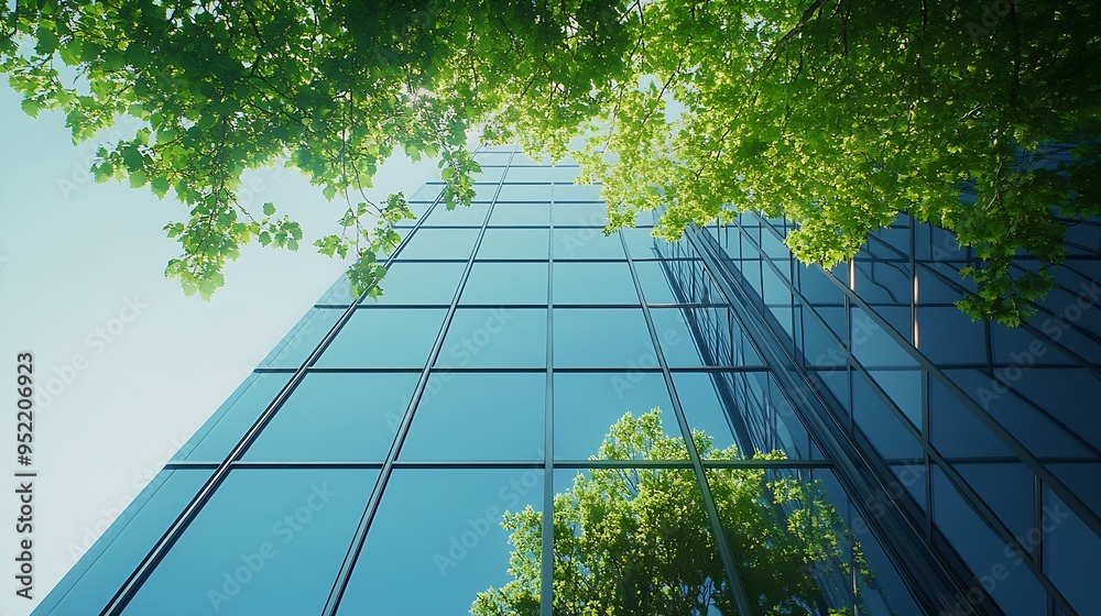 Poster sustainable glass office building with trees for reducing carbon dioxide ecofriendly building in mod