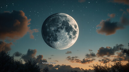 Fototapeta premium A large, bright moon hangs in the sky, surrounded by a few clouds, at dusk, with a scattering of stars behind it.