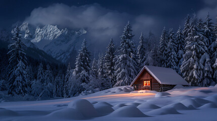 Fototapeta premium The windows of a wooden chalet in a snowy forest are aglow with a warm light, with majestic mountains in the background