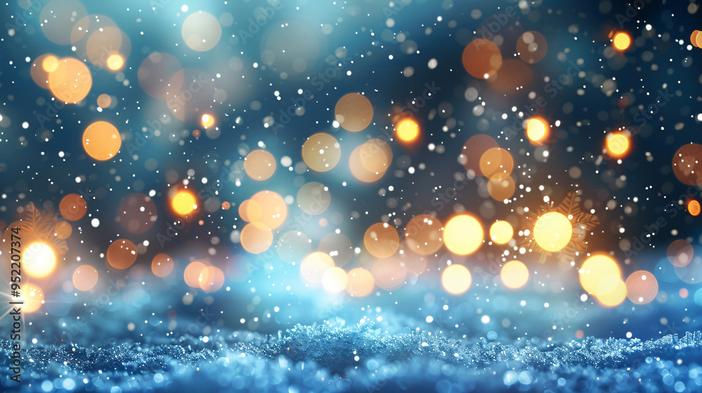 Aufkleber bright golden bokeh lights illuminating a snowy landscape with falling snow and a dark blue backdrop