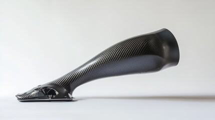 Obraz premium A prosthetic leg with a carbon fiber finish, displayed against a white background, emphasizing its sleek design.