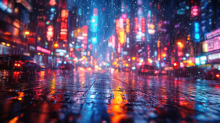 Obraz premium A rainy night in a bustling city with neon lights reflecting on the wet pavement.