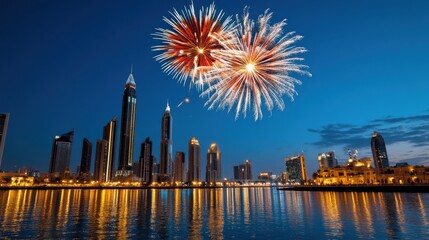 Stunning fireworks display over a vibrant skyline at dusk, illuminating the cityscape with colorful brilliance and reflections.