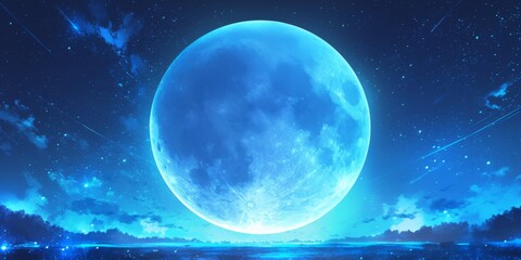 Fototapeta premium Enchanting Blue Moon: AI-Generated Mid-Autumn Festival Scene with Chang'e and Starry Galaxy. Dreamy Anime-Style Illustration for Chinese Cultural Marketing, UI Design, and Graphic Projects. Minimalist