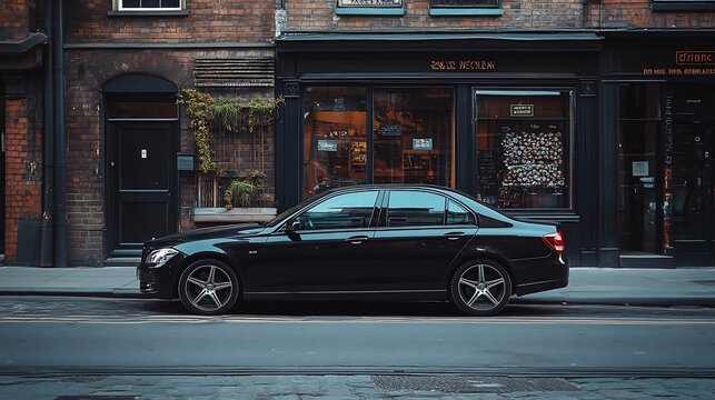 A black car is parked on the side of the road with no visible occupants The surroundings appear to be a quiet urban street : Generative AI