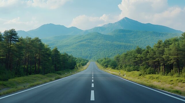 Asphalt highway road and green forest with mountain natural landscape under blue sky : Generative AI