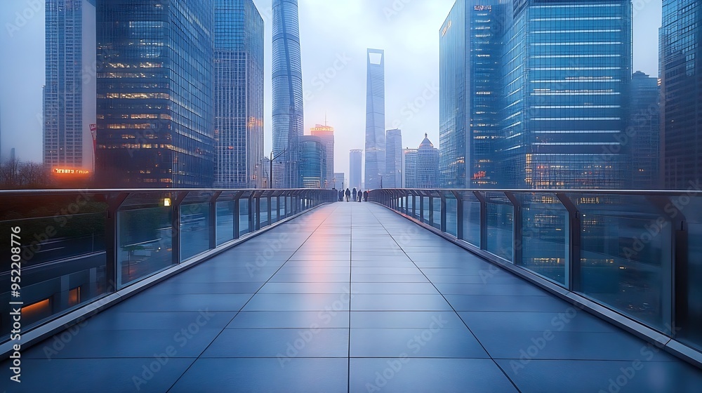 Aufkleber Empty square floor and pedestrian bridge with modern city buildings in Shanghai : Generative AI