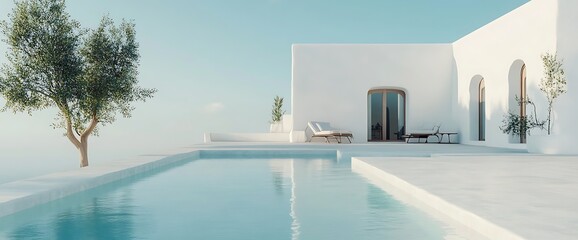 Minimalist white house with swimming pool and olive tree.