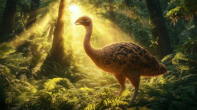 Extinct Moa bird walking through dense prehistoric forest in New Zealand
