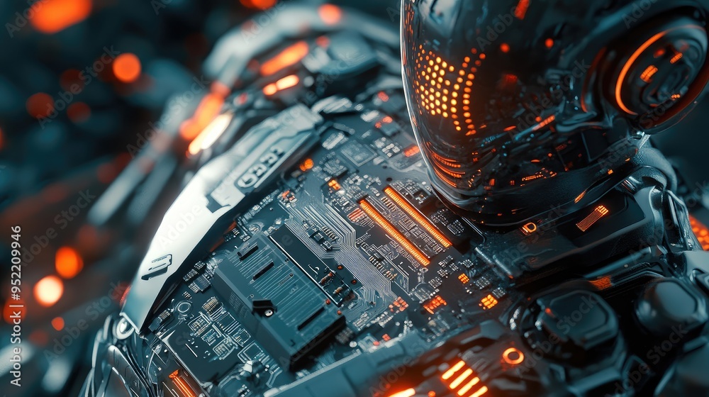 Poster a robot's central processing unit (cpu) in a detailed close-up, with focus on the data pathways and 