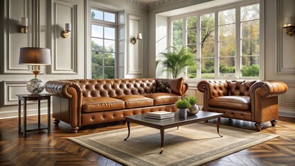 Fototapeta premium A room aglow with morning sunbeams showcases a Chesterfield sofa in burnished cognac leather, paired with a glass-topped coffee table in a light-filled space.
