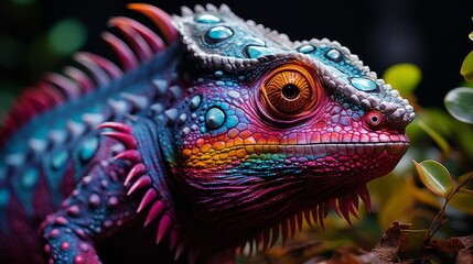Fototapeta premium Colorful chameleon in a close up in the rainfores