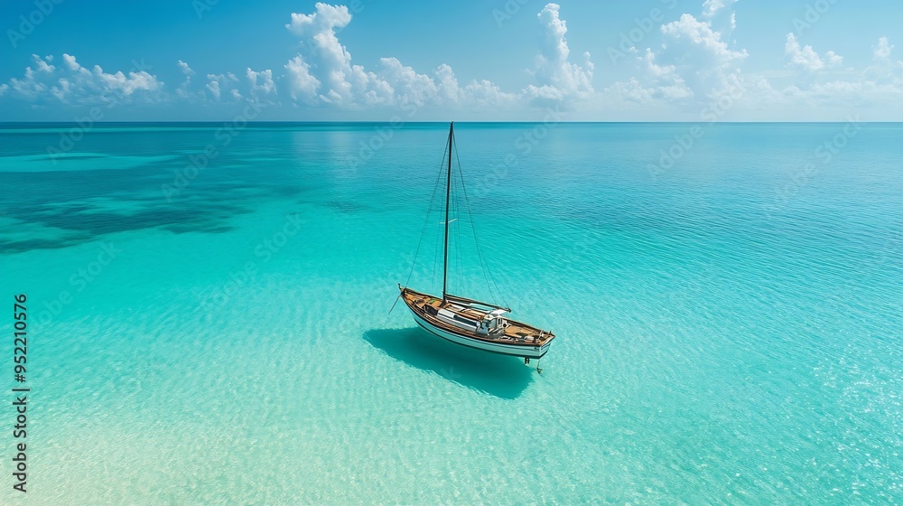 Poster aerial view of floating boat in transparent azure water on sunny summer day mnemba island zanzibar t