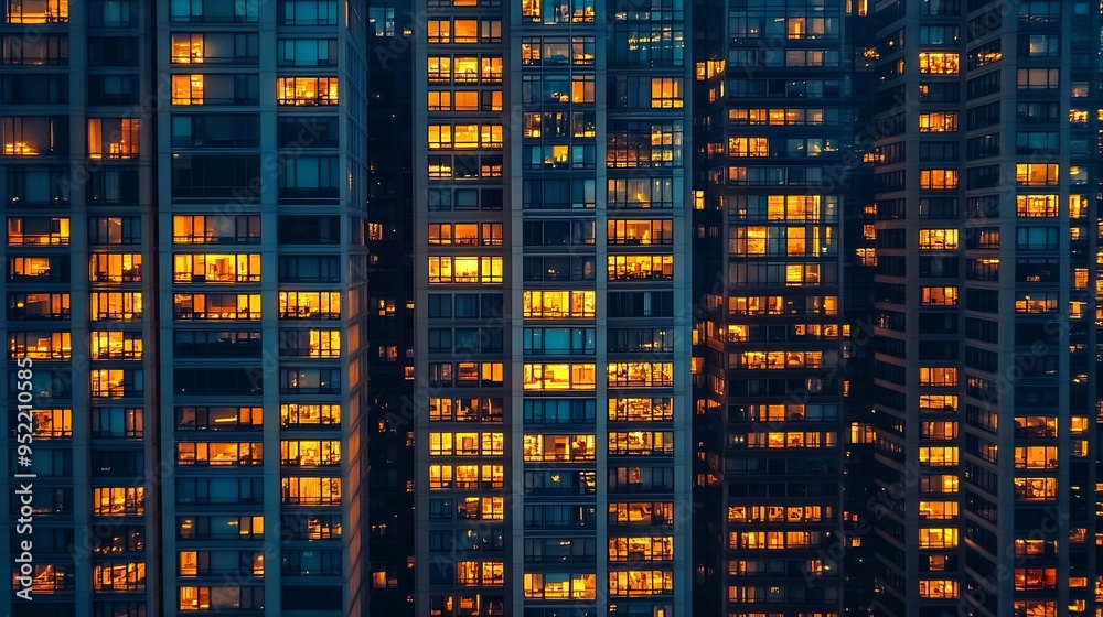 Poster windows in highrise office building in the late evening with glowing and blinking interior lights ti