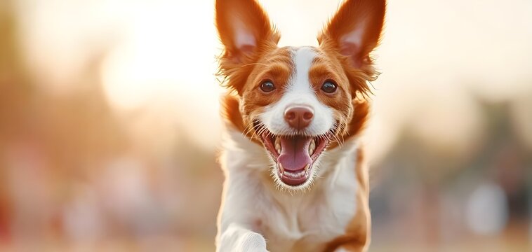 A joyful dog runs playfully in a sunlit field, capturing the essence of happiness and freedom. pet training concept.