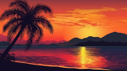 Tropical sunset with palm tree silhouette panoramic view